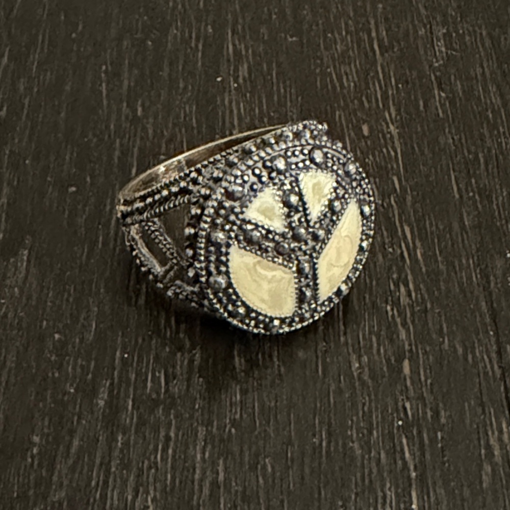 Silver and Mother-of-pearl Peace Sign Ring